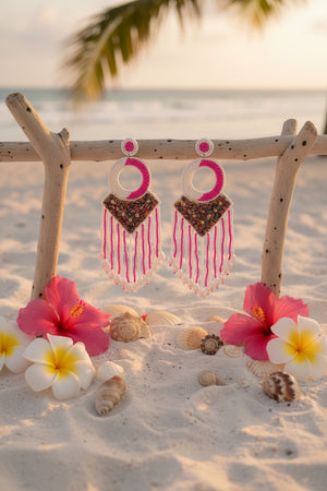 Azvera Studio Fiesta Fringe Earrings featuring colorful tassels and intricate beadwork on silver hooks.