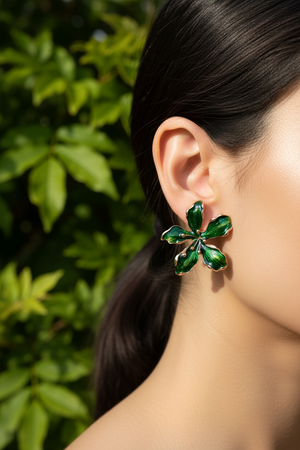Emerald green bloom stud earrings by Azvera Studio, featuring vibrant gemstone floral jewelry with gold-tone settings.