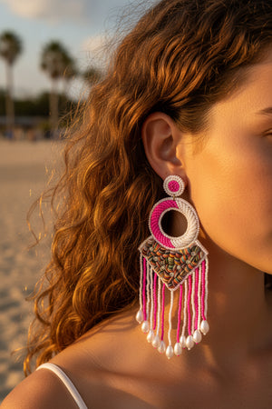 Azvera Studio Fiesta Fringe Earrings featuring colorful tassels and silver accents, hanging from stylish hooks.