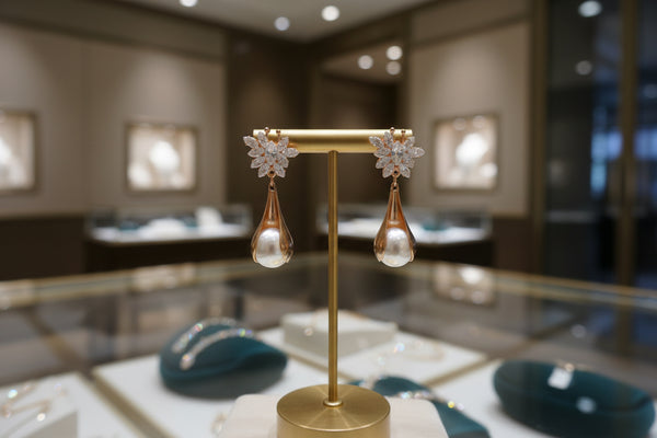 Close-up of the Pearl Aura Luxe necklace by Azvera Studio featuring luminous pearls and intricate silver detailing.