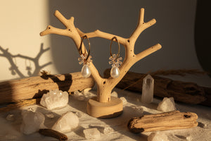 Azvera Studio Celeste Pearl Drop Earrings with white pearl and silver hooks, elegant jewelry for formal or casual wear