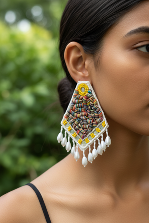 Azvera Studio mosaic drop earrings featuring colorful geometric tiles and silver hooks, elegant and lightweight jewelry accessory.